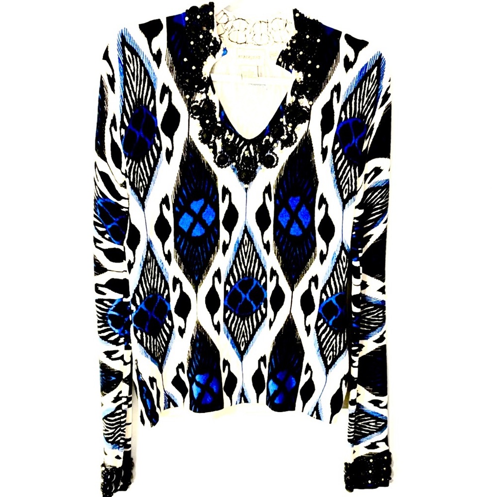 Aubergene High Collared Lapis Blue Ikat Abstract
Sweater Jewel Bead Detail Sz S